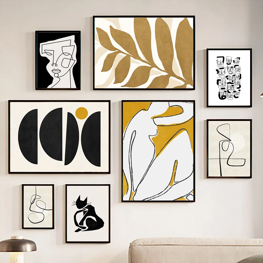 Настенная Картина на холсте Бохо линия тело лицо желтые листья Современный