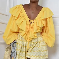 blouse new fashion solid color thin yellow long sleeved pullover large version loose top womens t shirt summer ol commuter