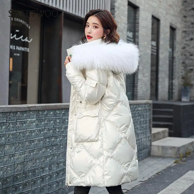 2022 Winter Down Padded Jacket Female Korean Long Overcoat Casual Adjustable Waist White Fur Collar Hooded Women Snow Coat Parka