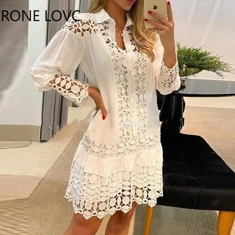 

Women Elegant Solid Lace Hollow Out Wrist Lantern Sleeves Mini A-line White Dresses