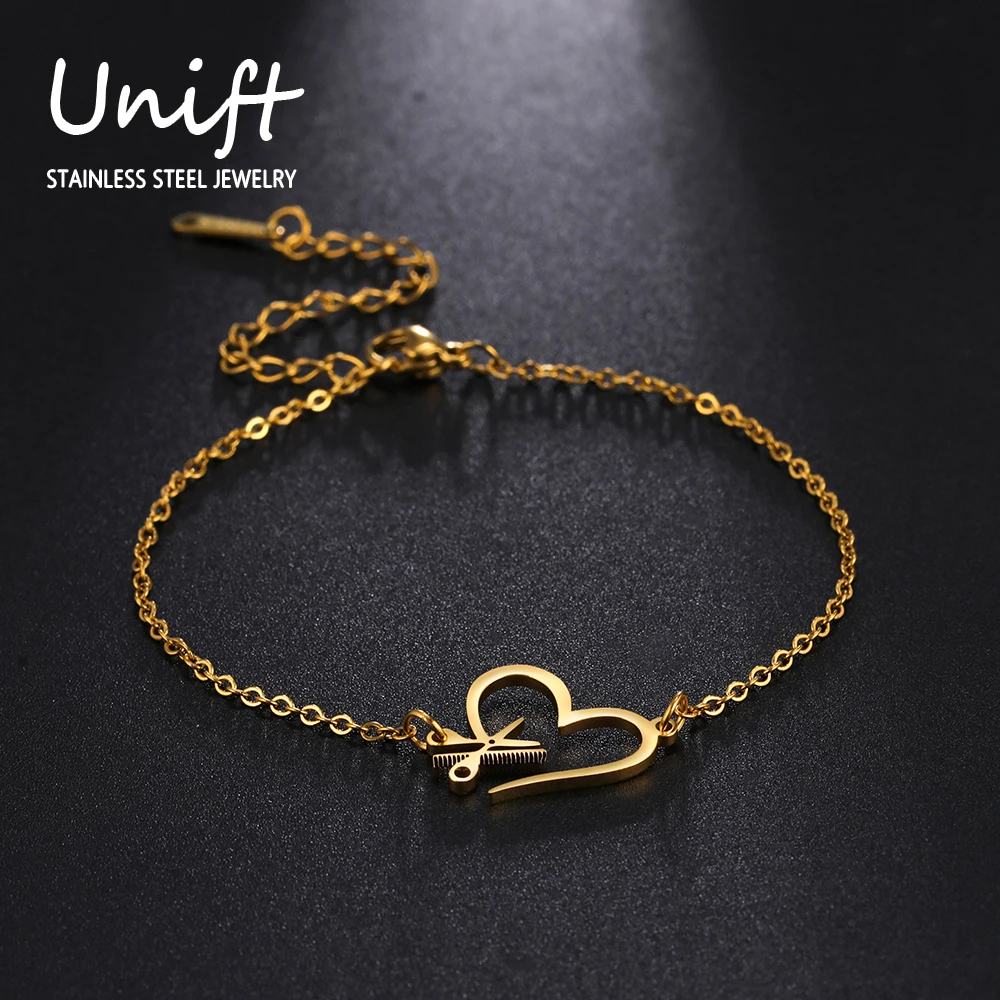 UniftЖенские браслеты-подвески в форме сердца из нержавеющей стали Женские ручные браслеты Сердце Расческа Ножницы Браслет Парикмахерская Подвески из нержавеющей стали Парикмахерская Элегантные украшения Друзья Подарок