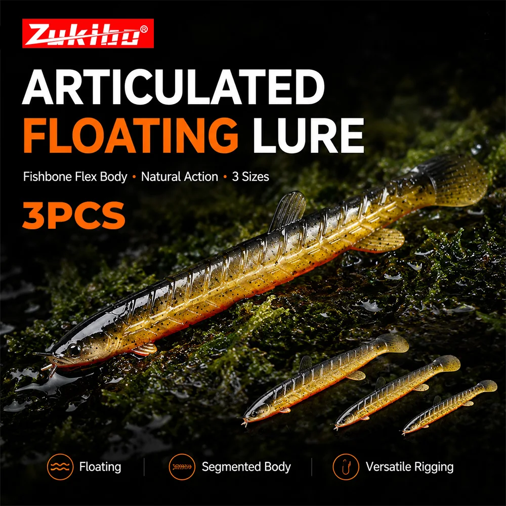 Фото Мягкая сегментированная приманка ZUKIBO Articulated Floating Soft Lure (3 шт.) для ловли баса, форели, окуня в пресноводной рыбалке №1