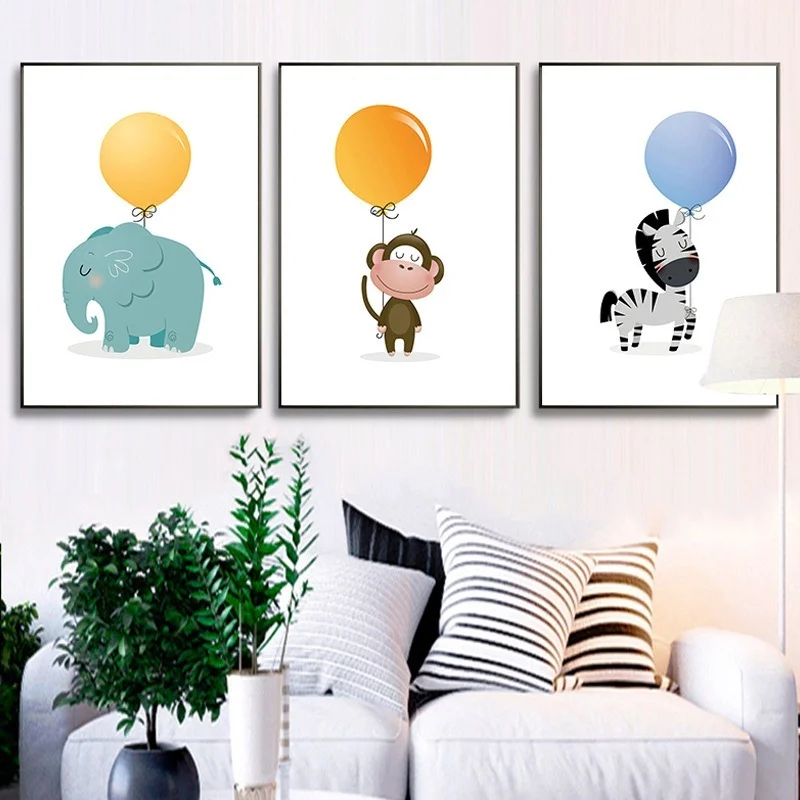 

Children's Room Decoration Cartoon Animal Painting Nordic Animals Monkey Lion Elephant Rabbit Balloon Spray Core Art