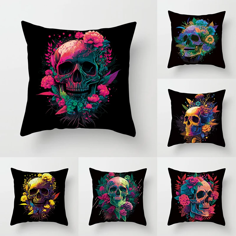 

Colorful Skull Flower Pillowcase Decorative Printing Square Car Sofa Fashion Cushion Cover 45*45cm Home Decoration