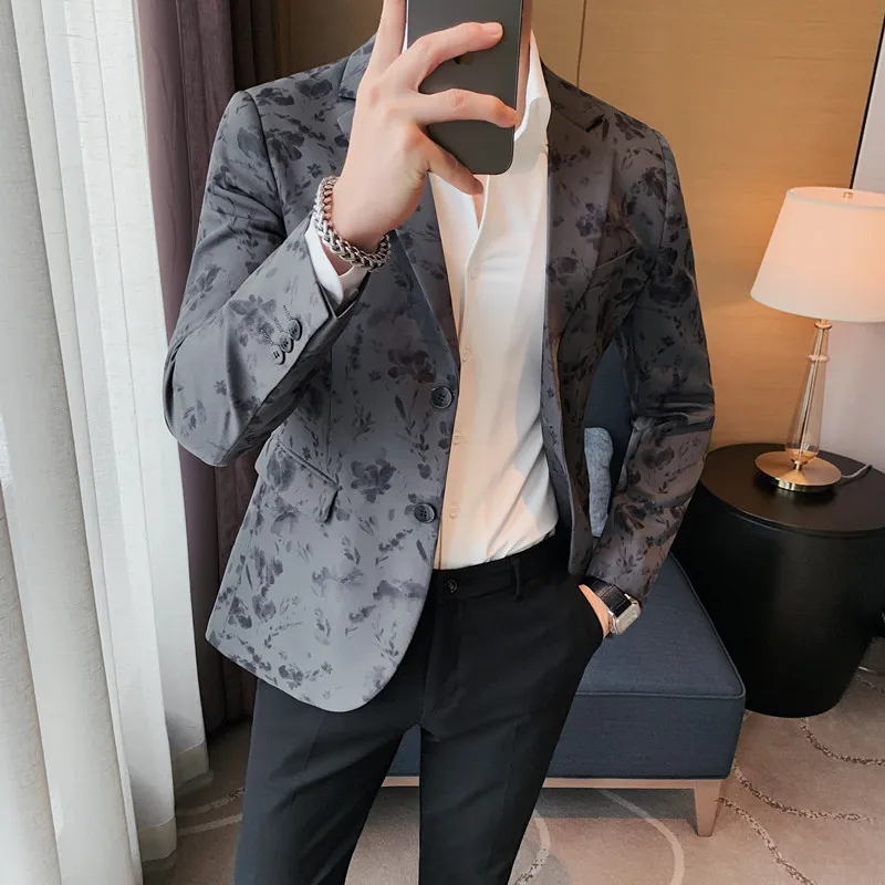 2022 Flowers Print Men's Blazer Autumn Winter New High Quality Single-breasted Slim Fit Suit Jacket Korean Casual Costume Homme