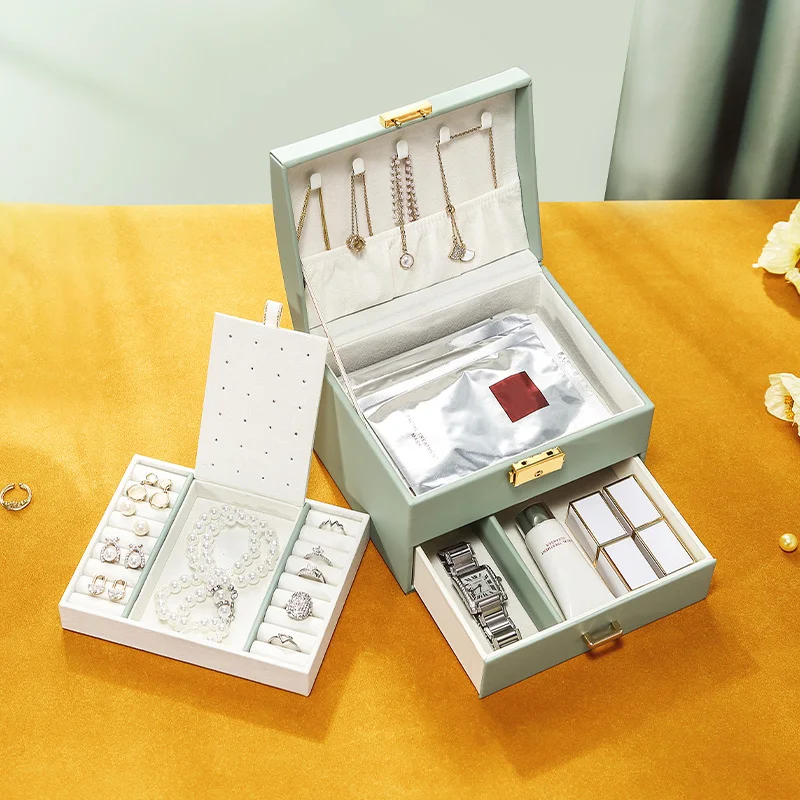 Casegrace 2-in-1 Large Jewelry Box Girl Drawer Leather Storage Organizer For Jewelry Display Makeup Earrings Ring Jewellery Case
