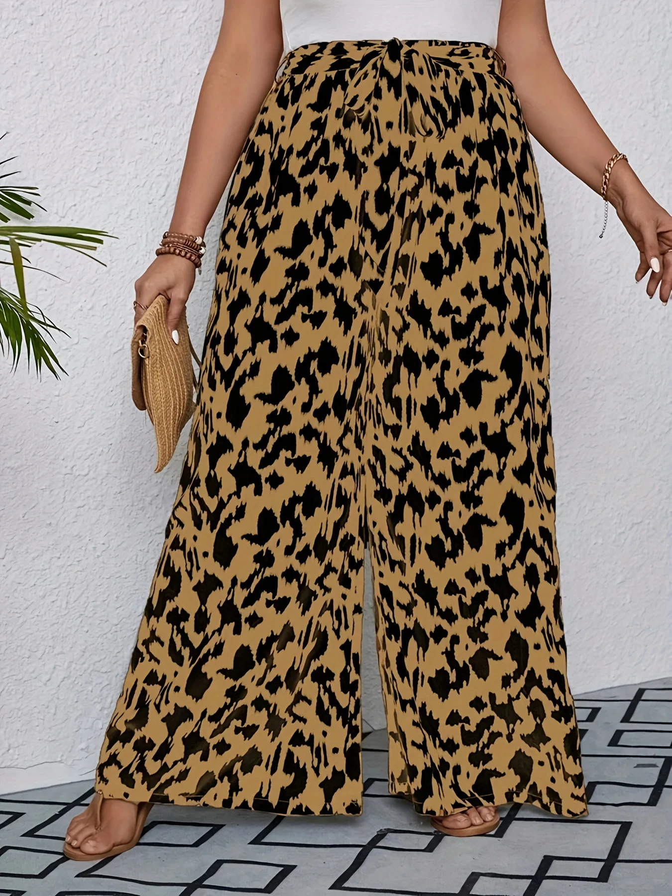 Брюки с высокой талией и принтом большого размера. Элегантные широкие брюки на