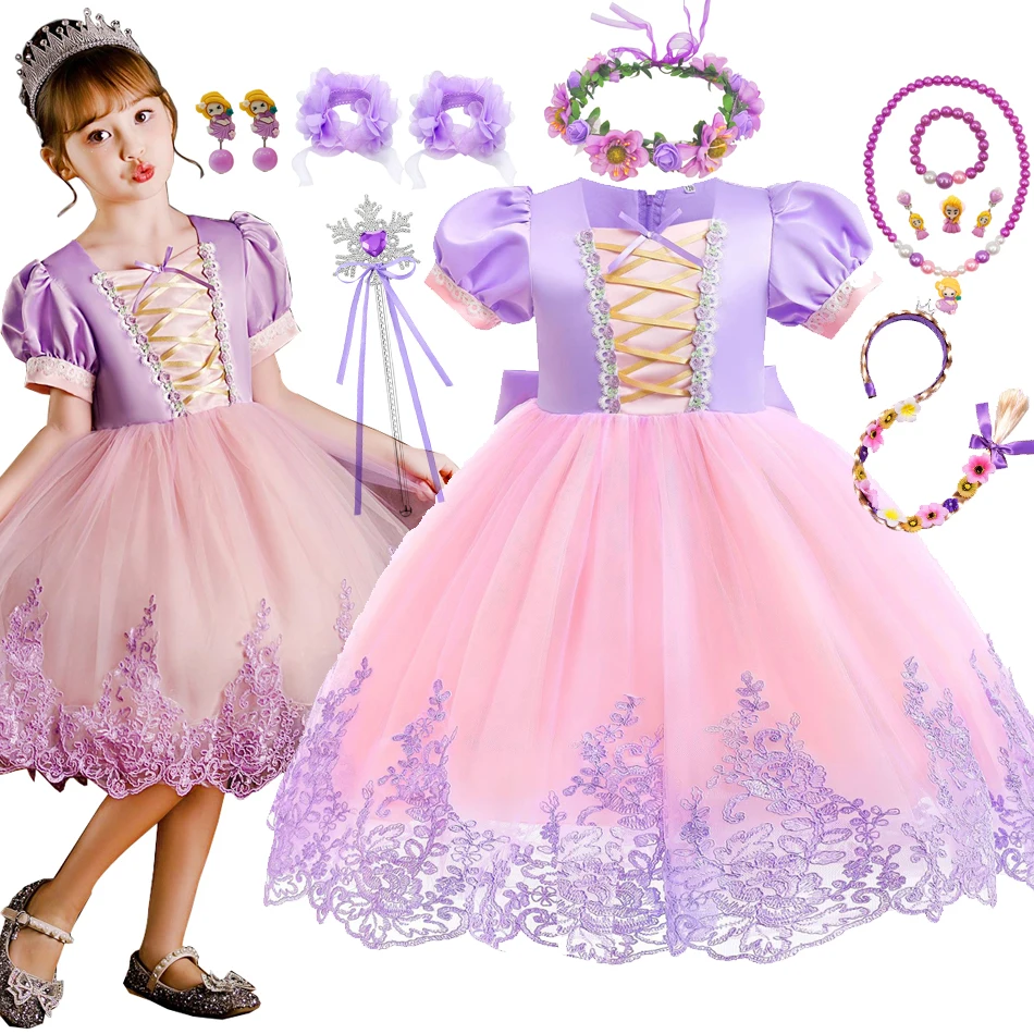 

Disney Fancy Girl Princess Rapunzel Csotume Embroidered Flower Party Dress Christmas Baby Kid Sofia Puff Sleeve Infant Ball Gown
