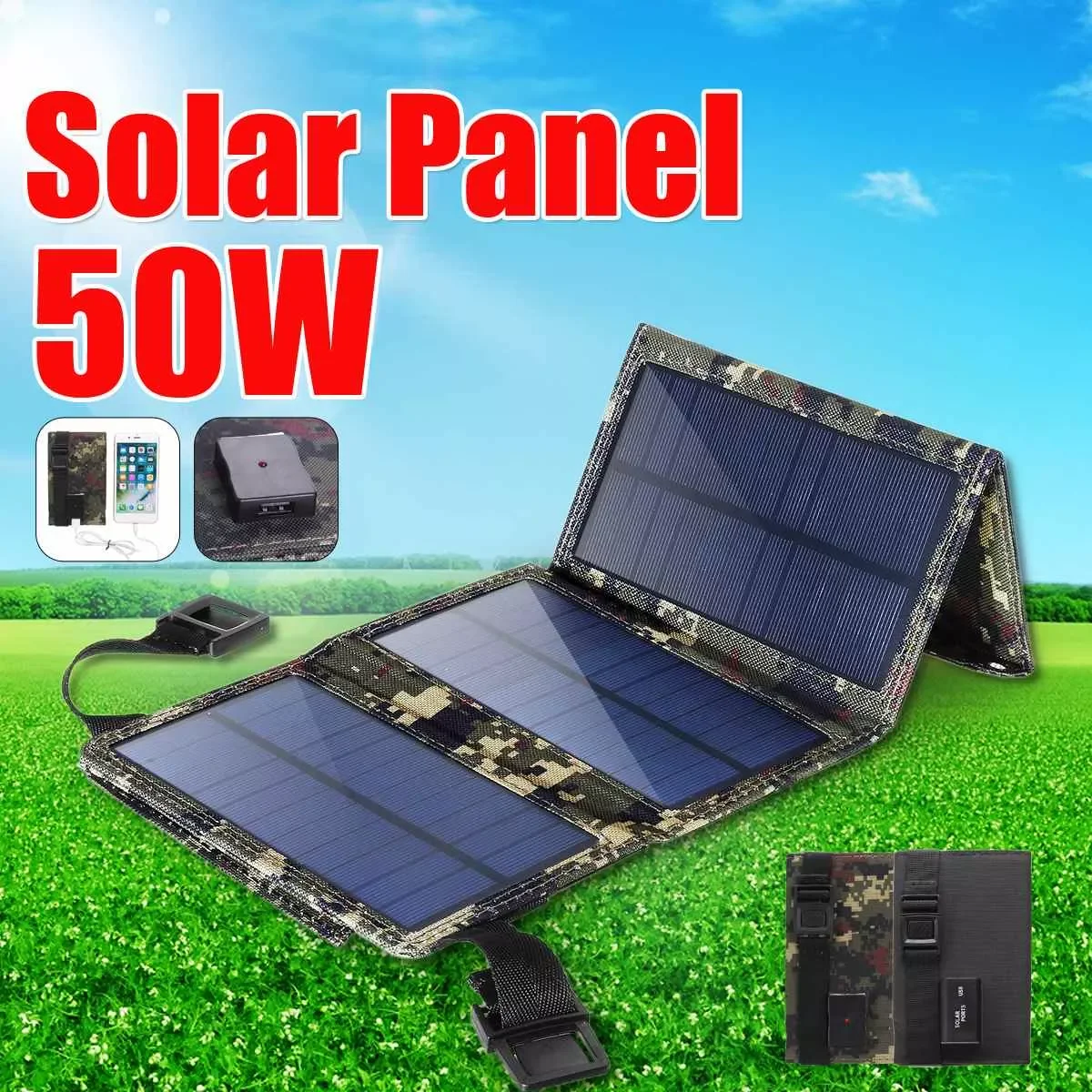 

2023New Folding 50W Solar Cells Solar Panel Charger 5V 2.1A USB Output Devices Portable Solar Panels Outdoor Battery for Smartph