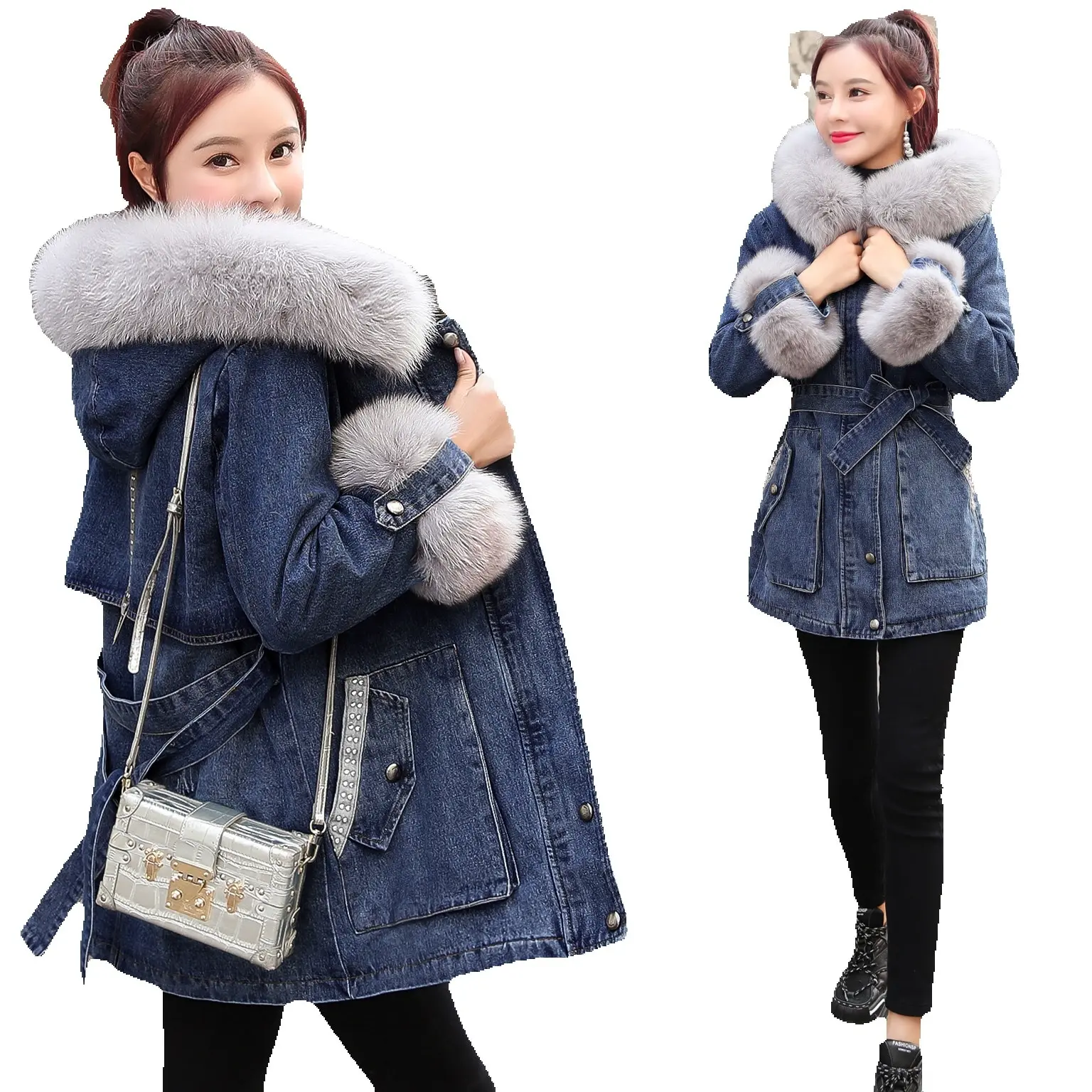 Women's Medium Long Winter Hooded Fur Coat Fashion Slimming Fit Snowwear Rabbit Hair Thicken Velvet Fleece Hoodie Denim Jacket