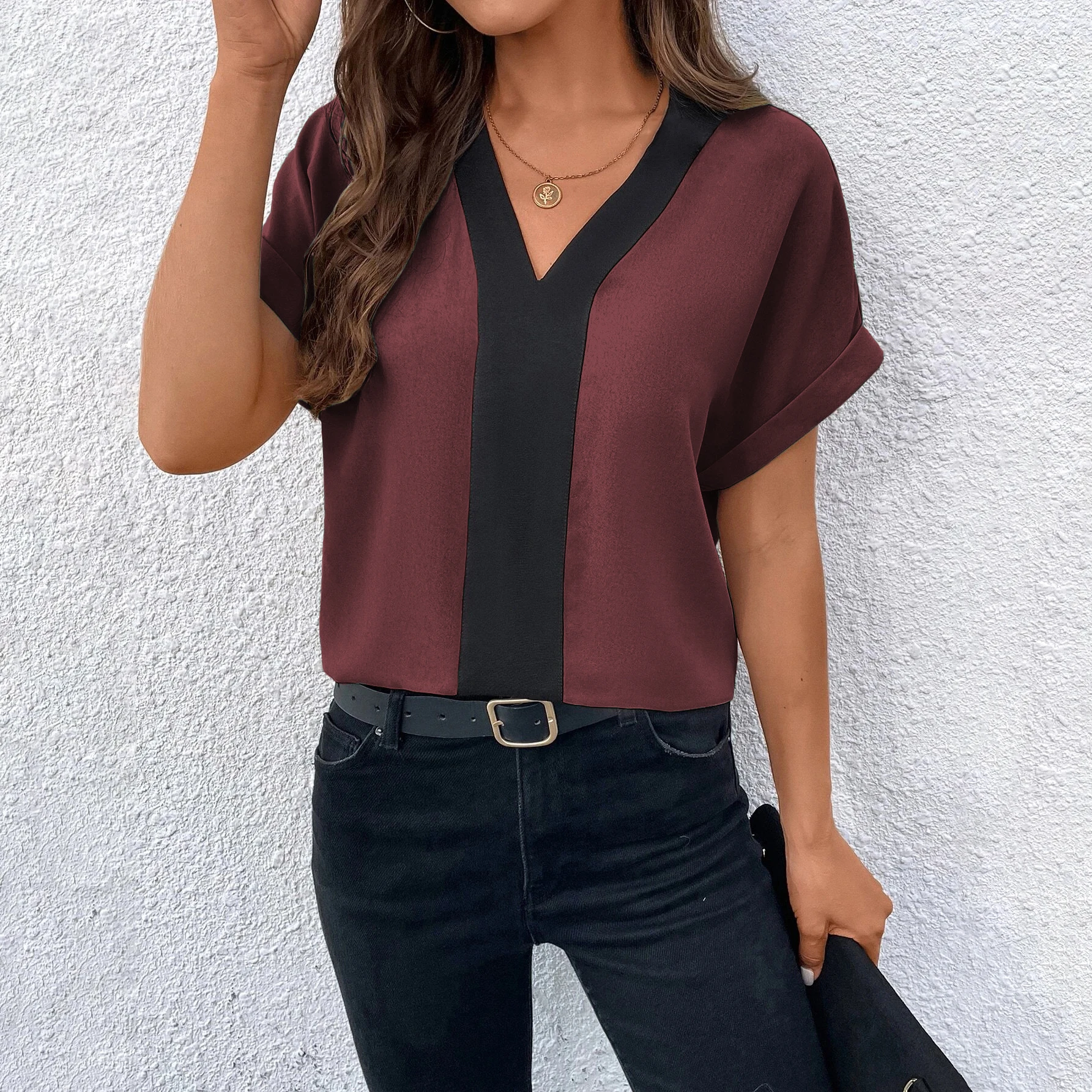 

Social Women's T-shirt Patchwork Striped Clothing V-neck Casual Short Sleeve Tees Summer Loose Tops Female Oversized Pullover