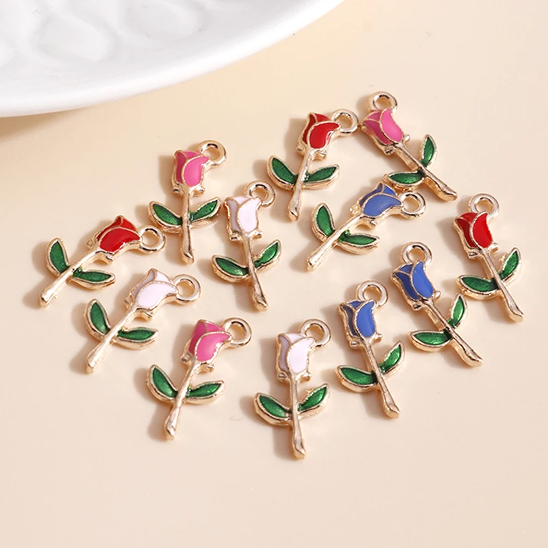 

10pcs 9*19 Romantic Enamel Rose Flower Charms for Necklaces Pendants Earrings DIY Colorful Mini Charms Jewelry Finding Making