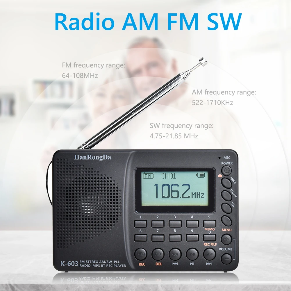 

Pocket AM FM SW Radio FM Portable LCD Display Bluetooth-compatible Pocket Support TF Card USB Recorder Radiogram K603 radios