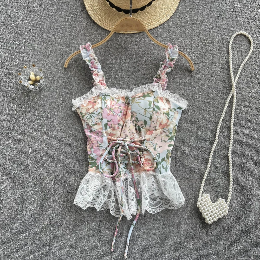 

2022 Летний Новый кружевной шифоновый топ на подтяжках с принтом грибка и открытой спиной