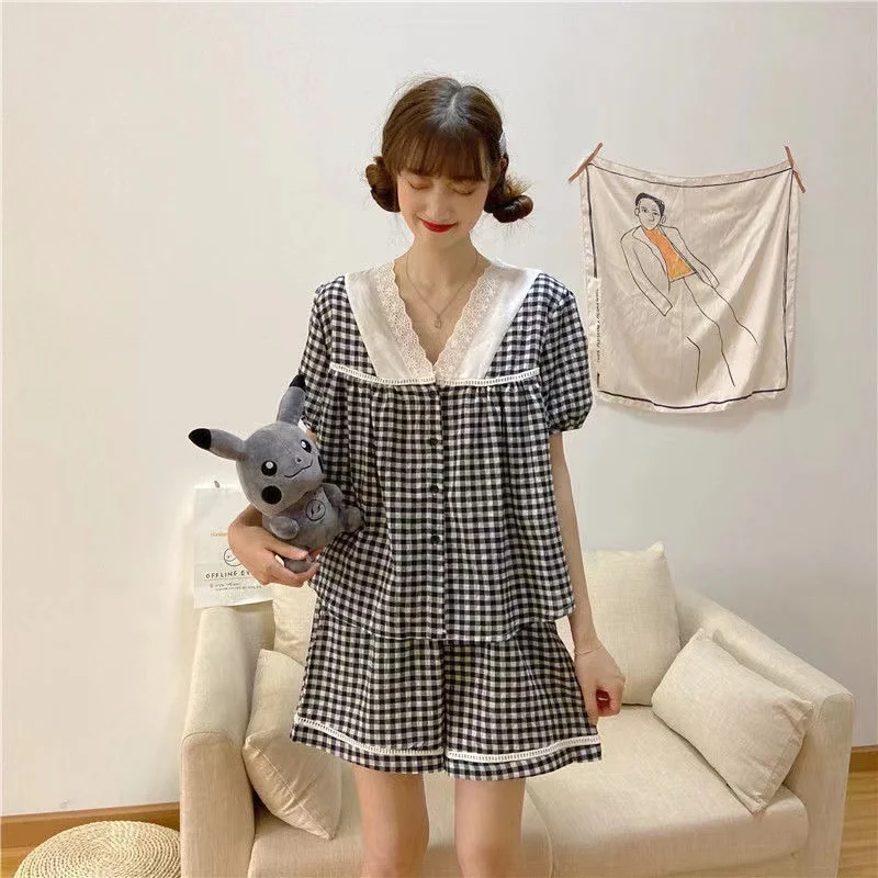 Summer Pajama Set For Women Sweet Plaid Pyjama Suit V-Neck 2022 New Short Sleeve Shorts Homewear Home Clothing Female