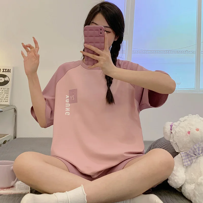 Summer Pajamas Sets Women's Short Sleeve Pants Pajamas Sets Cool Cotton Sleepwear Cute Cartoon Home Wear Clothes Suit Loungewear