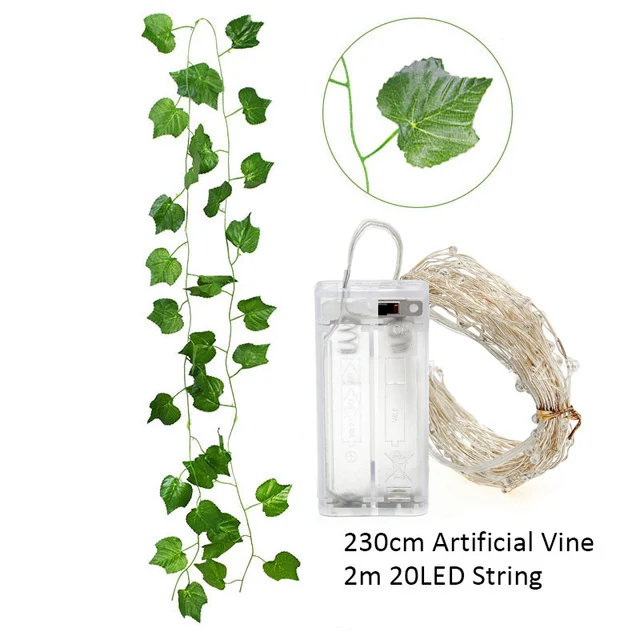 2.3m Silk Leaves Fake Creeper Green Leaf Ivy Vine 2m LED String Lights For Home Wedding Party Hanging Garland Artificial Flower images - 6