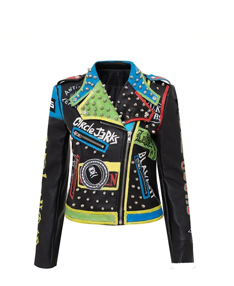 Enlarge New European And American Fashion Print Rivets Short Punk Motorcycle Suit Leather Jacket Women's