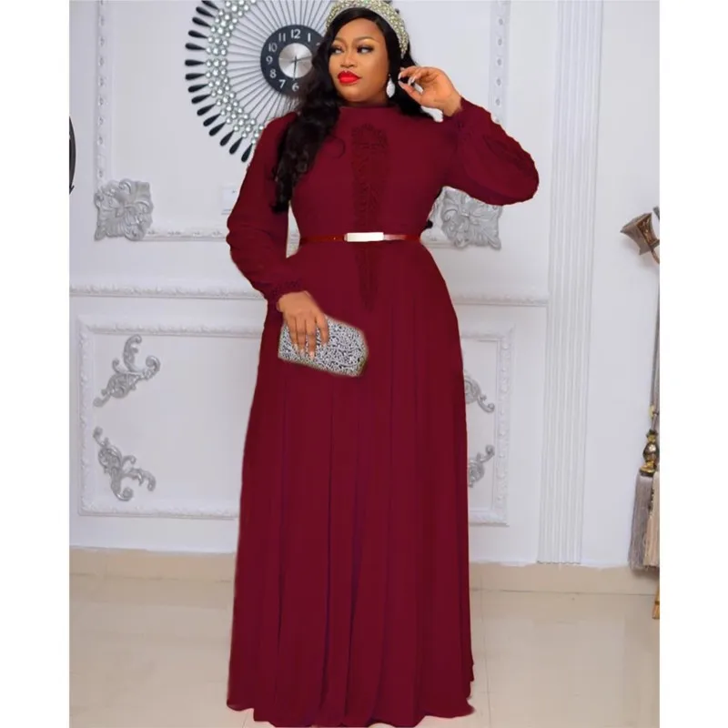 African Dresses For Women Long Sleeve Casual Robe Solid Chiffon Maxi Dress Muslim Ethnic Wear 2023 Elegant Embroidery Vestido