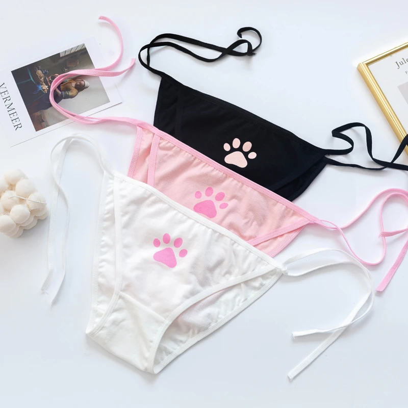 Кружевные Симпатичные трусики в виде кошачьих лап для девушек, женские  трусики, женское сексуальное мини-белье с заниженной талией, хлопковые розовые  трусики | AliExpress