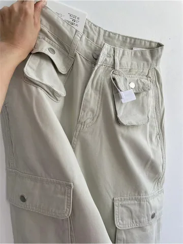 2022 New Vintage Women Fashion White High Waist Casual Jeans Loose Omighty Wide Leg Pocket Cargo Pants Solid Overalls Trouser