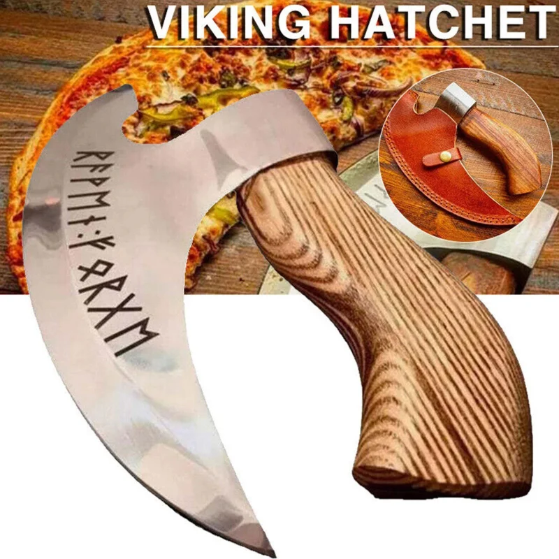 

17/22cm Viking Axe Pizza Cutter Vintage Wooden Handle Stainless Steel Pizza Cutting Tools Kitchen Accessories Leather Sheath