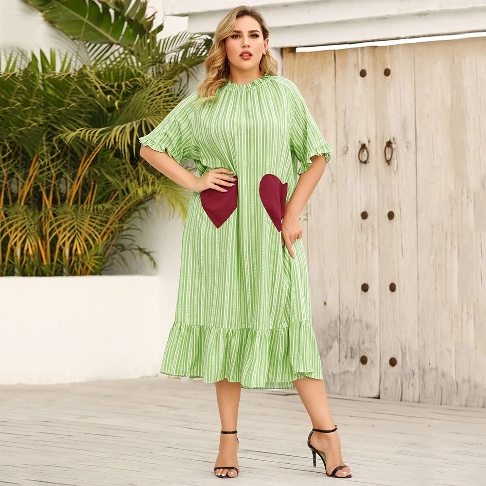 Plus Size Women's Dress Fall Fashion Casual Ruffle Short Sleeve Loose Sweet Striped Print Ladies Clothing XL-4XL Oversized