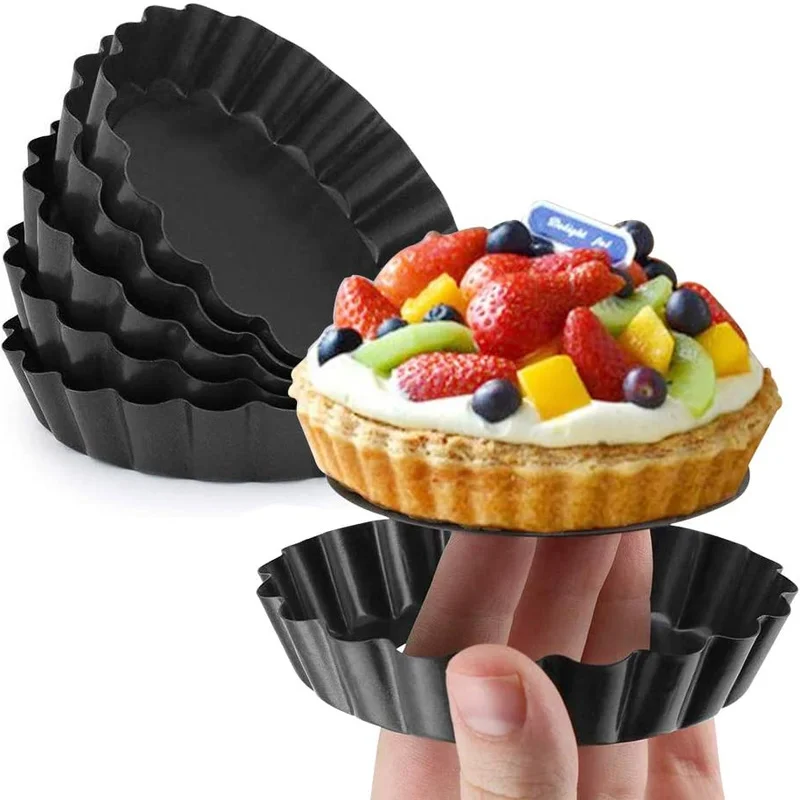 

Set of 6 Non-Stick Tart Quiche Flan Pan Molds Round 4 Inch Carbon Steel Cake Baking Form with Removable Bottom Bakeware Tools