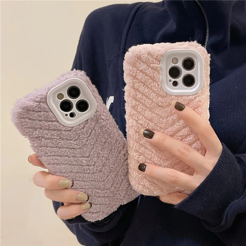 

For iphone 14 Plus Warm fuzzy Plain Fur Case For iPhone 14 13 12 11 Pro Max 13pro 12pro Pink Cute Winter Phone Cover girl gift