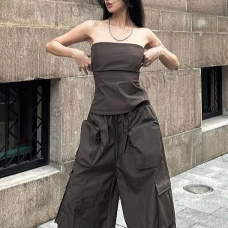 

Deeptown Y2k Aesthetic Brown Crop Tops Women Vintage Streetwear Sleeveless T-shirts American Retro Harajuku Slim Corset Tees