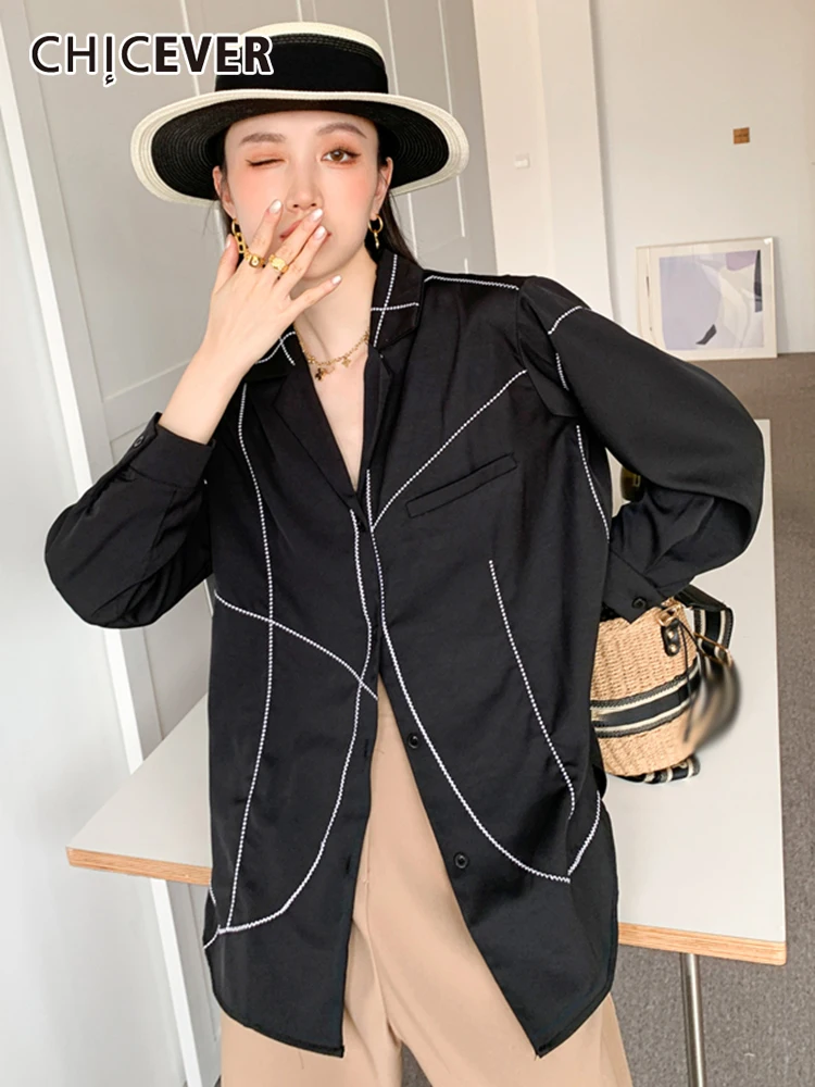 

CHICEVER Casual Black Striped Shirt For Women V Neck Long Sleeve Two Tone Slim Irregular Women's Blouse Spring 2022 Clothing New