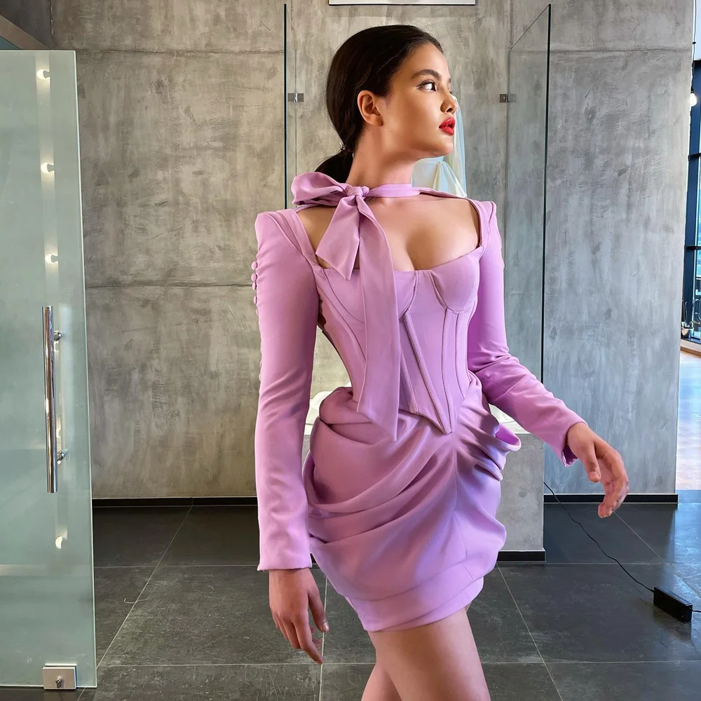 

Sexy Lilac Evening Dresses Square Neck Long Sleeves Prom Dress Pleat Above Knee Length Sheath Party Gowns Mermaid فساتين السهرة