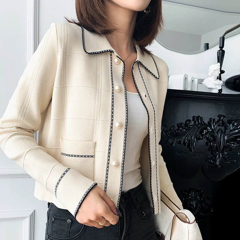

New Tweed Clashing Knit Trim Pearl Button Lapel Collar Classic Cardigan 2022 Women Coat Free Shipping French Pairs Band Sand