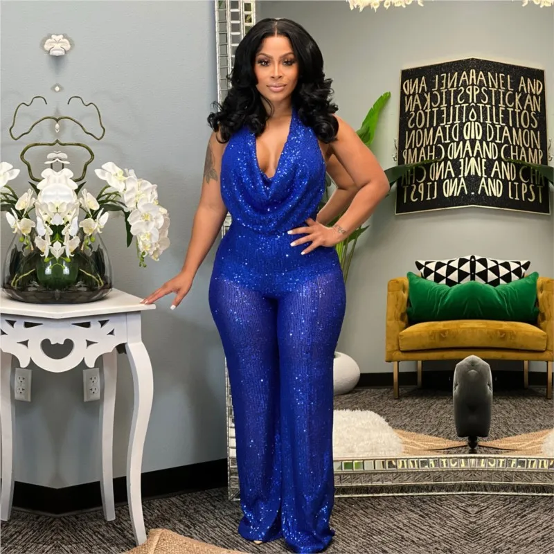 Jumpsuit Elegant Romper For Women Blue Sequins Halter Neck Wrapped Chest Sexy Playsuit Backless Party African Clothing Spring XL