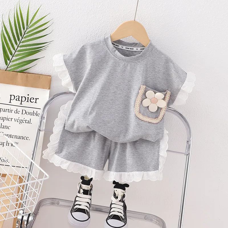 Girls' Clothing Set New Summer Short Sleeve Flower T-shirt+Shorts Skirt Children's Clothing Set Baby Clothing Sportswear Set