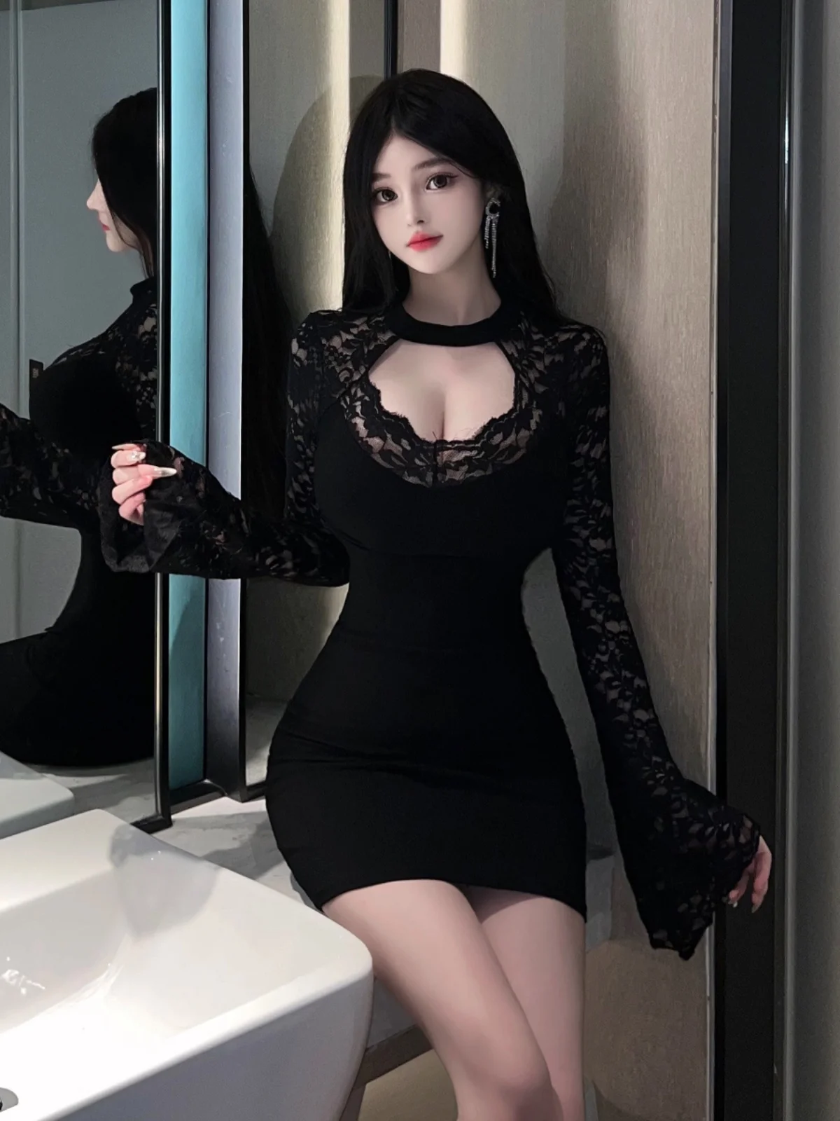 Gege's Online Celebri Girl сексуальное вязаное платье с кружевной строчкой облегающее