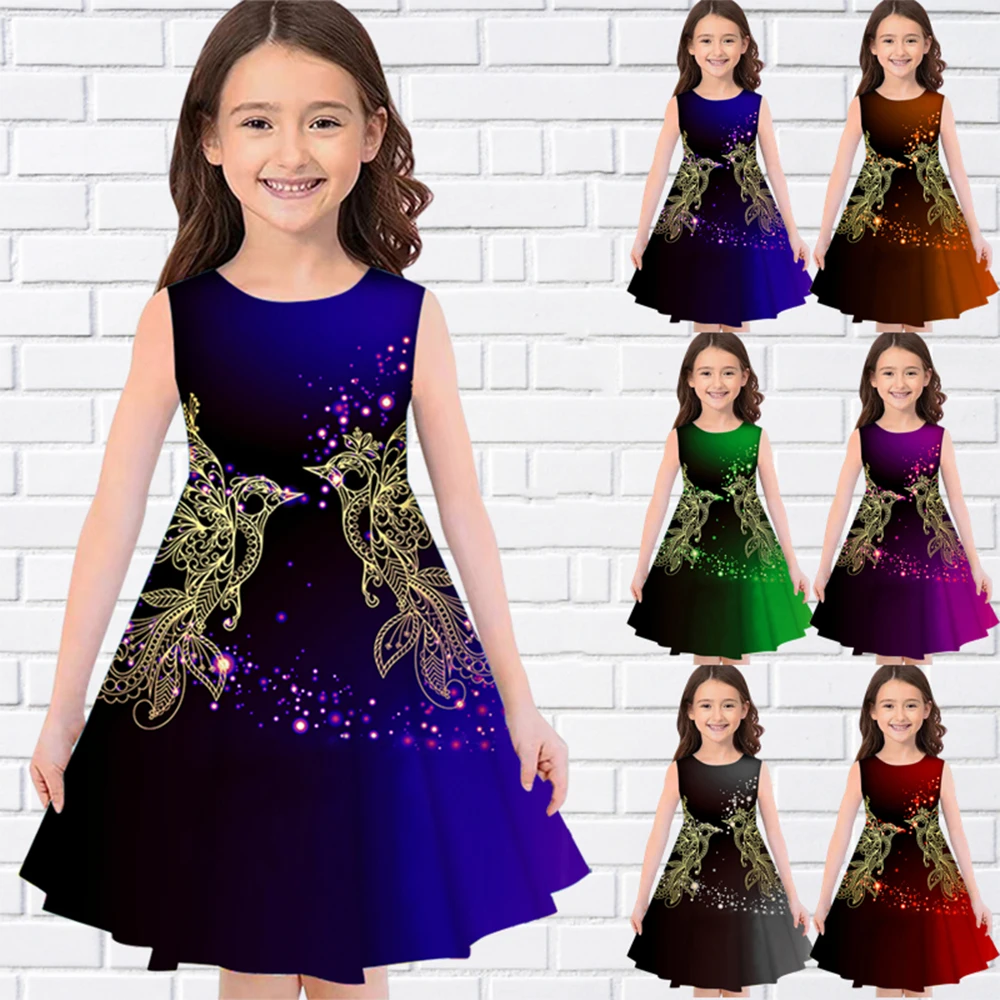 

Bird Totem Print Summer Sleeveless Luxury Girl Dress Casual O-Neck Long Dresses Trend Fashion Girls Dresses For Eid Kid Clothing