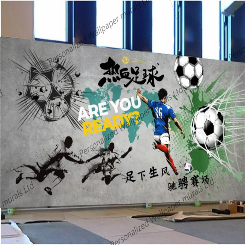 

Custom Modern Football Player Wall Painting Papel De Parede 3D Football Club Gym Industrial Decor Background Wall Mural