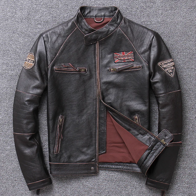 

Куртка мужская из натуральной кожи, брендовая мотоциклетная мягкая байкерская куртка большого размера, пальто на молнии с узором