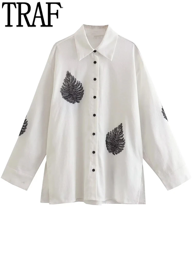 

TRAF 2022 Beaded White Shirt Women Collared Baggy Button Up Shirt Woman Casual Blouses For Women Long Sleeve Summer Blouse