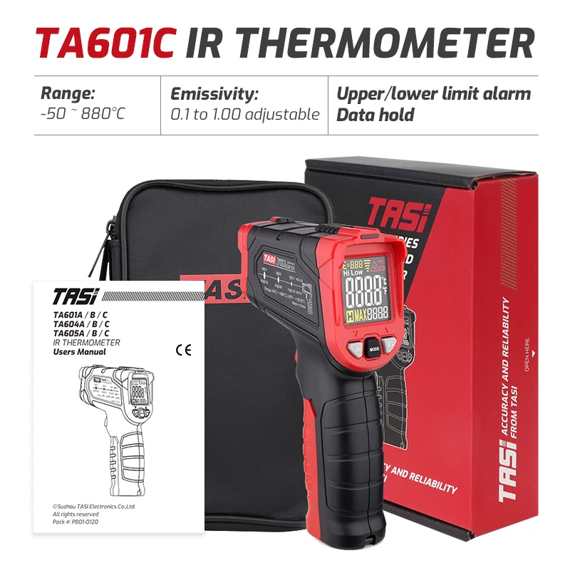

TASI TA601A/B/C Digital Pyrometer Laser Infrared Thermometer Non-contact Temperature Meter Gun VA Color LCD Light Alarm