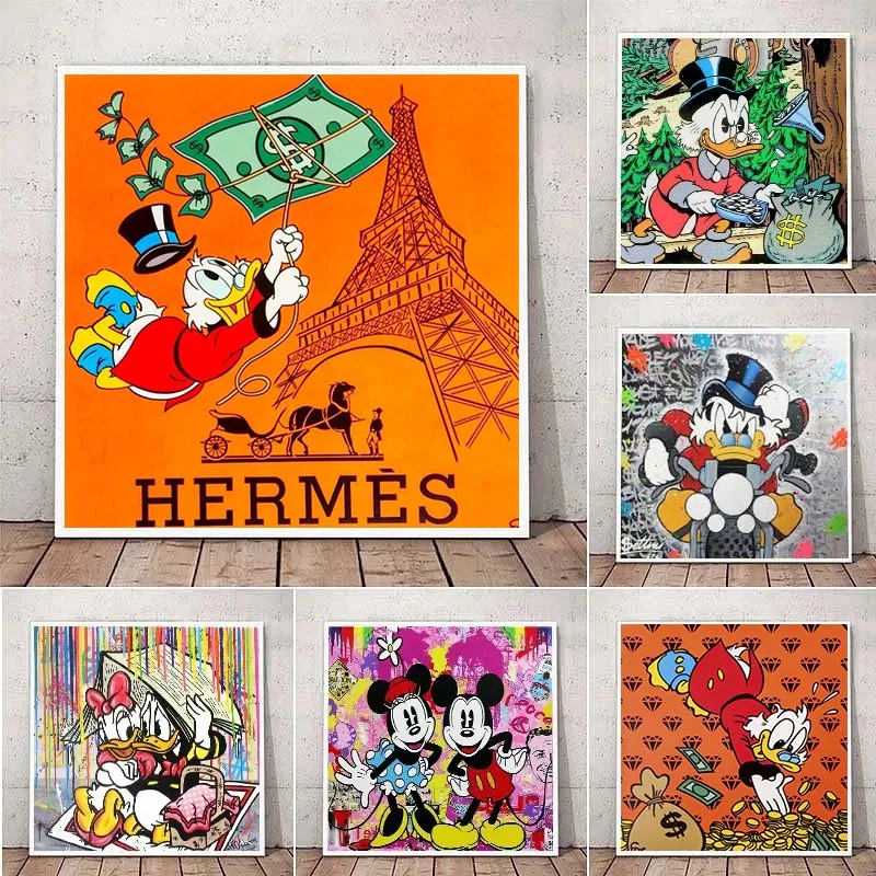 

Disney Luxury Fashion Art Canvas Painting Mickey Mouse and Donald Duck Wall Art Poster Graffiti Cartoon Pictures for Living Room
