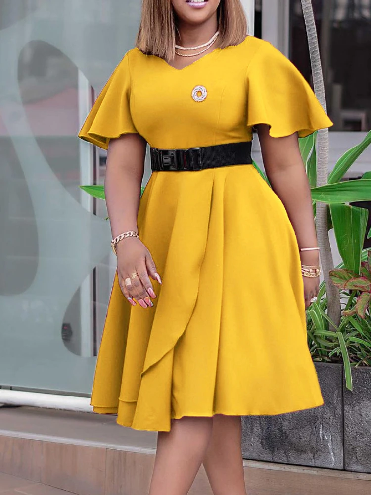Summer new women's horn sleeve solid color large  plus size dresses plus size women clothing