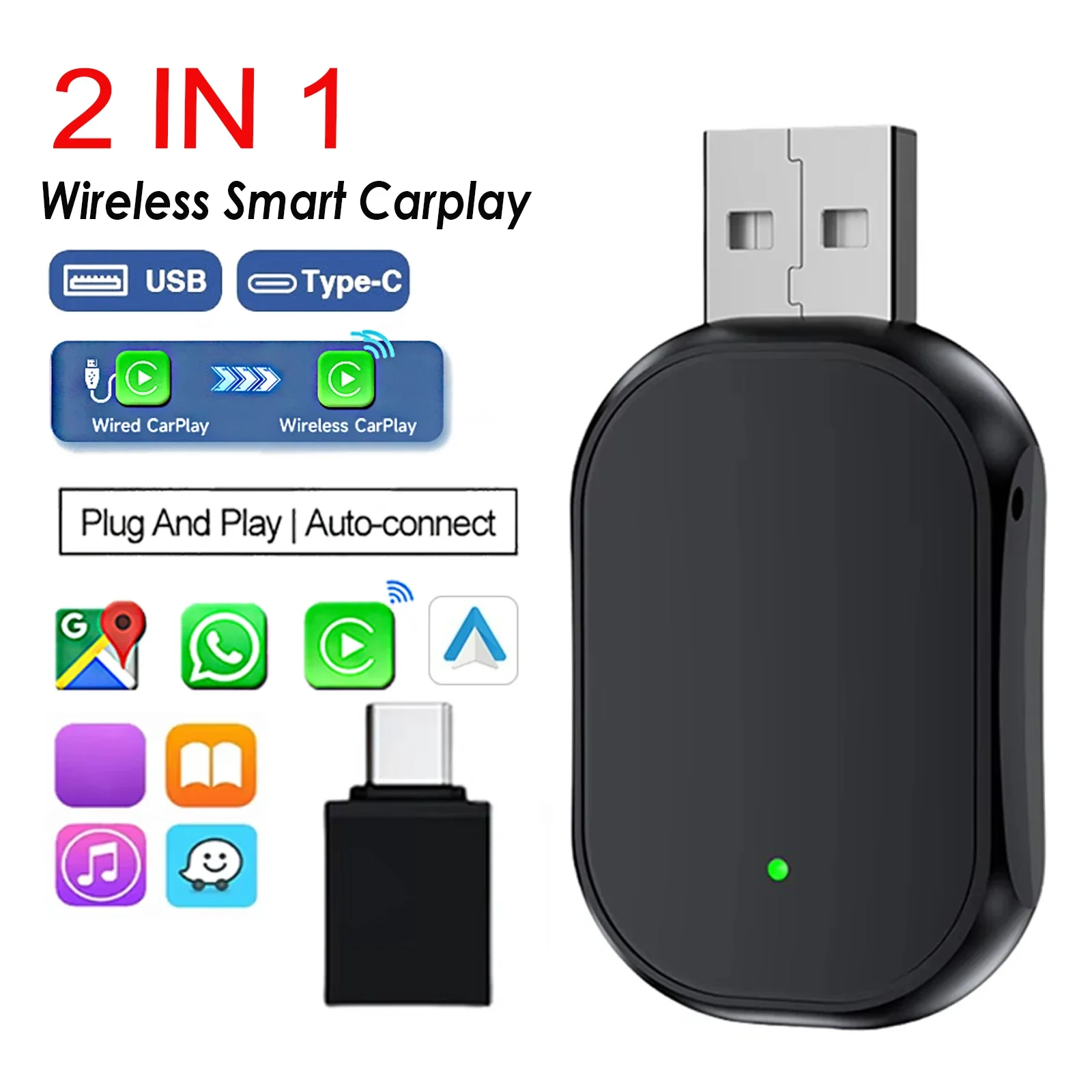 Беспроводной адаптер Carplay и Android Auto 2 в 1 Plug and Play USB Type C Dongle Wi-Fi Bluetooth Connect для