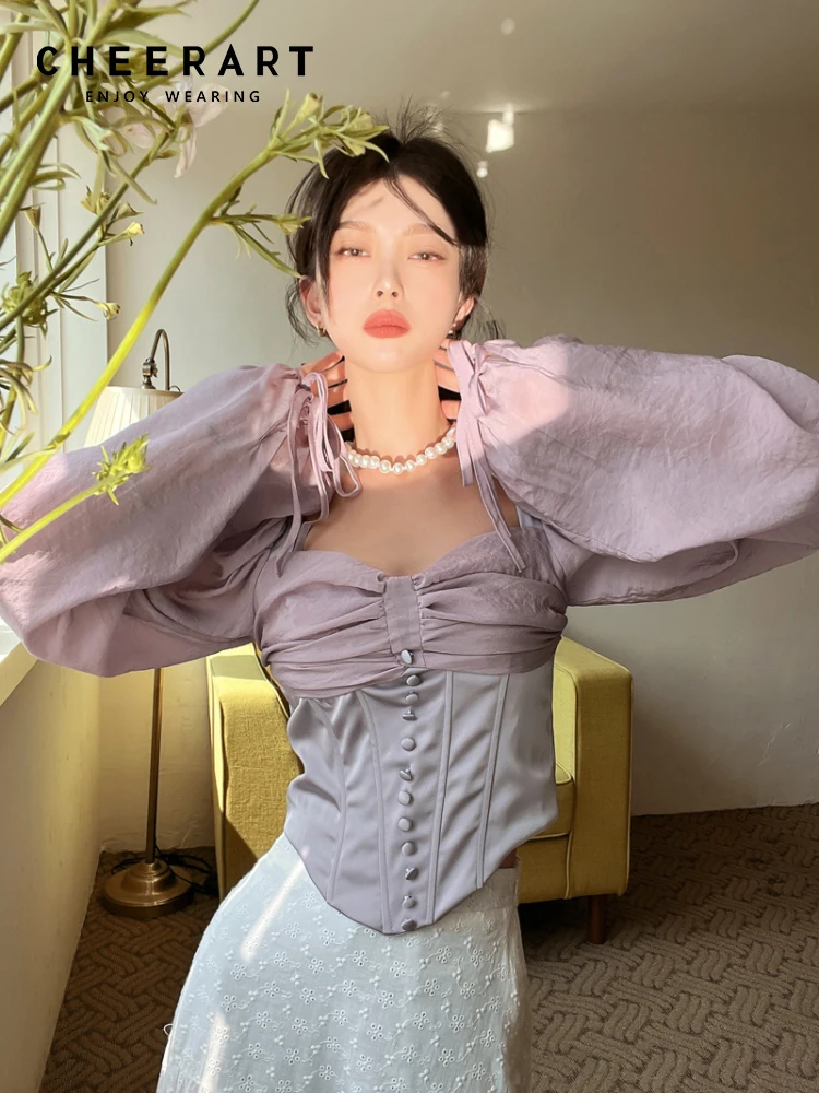 

CHEERART Vintage Court Purple Corset Top Lantern Sleeve Blouse Women 2022 Backless Long Sleeve Square Neck Blouse Shirt