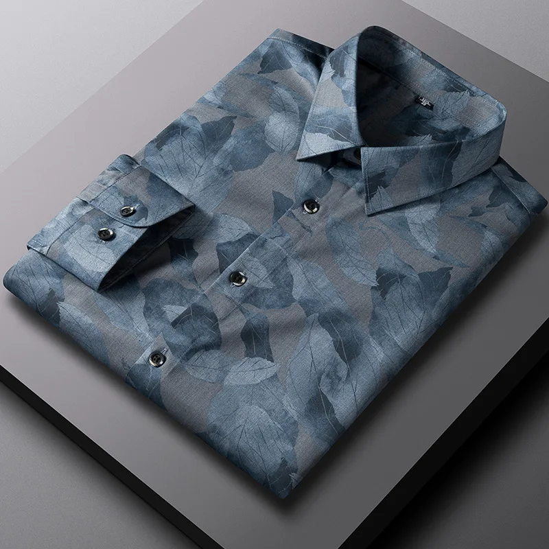 

2022 new spring and autumn Men's Floral Print Casual Shirts Long Sleeves Stretch Fashion Bamboo Fiber Business Social Men's Shir