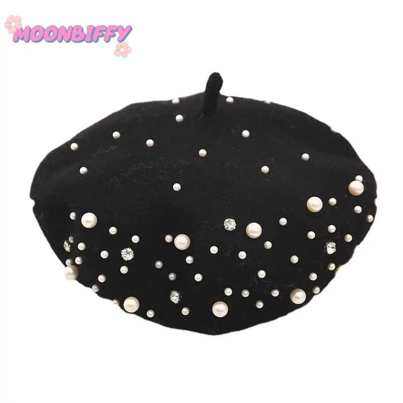 

2022 осень и зима жемчужный шерстяной берет Британский ретро шерстяной жемчужный шерстяной берет с жемчугом шапка с тыквой