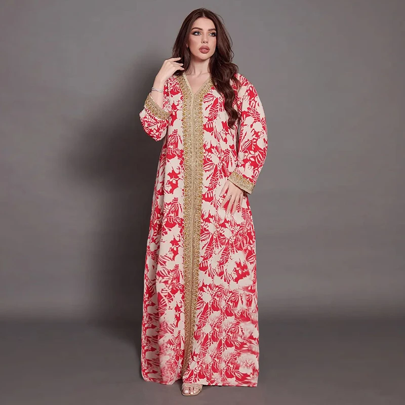 Flower Print Lace Eid Abaya For Women 2022 Diamond Ramadan Dubai Arab Evening Morocco Arabic Abayas Hijab Muslim Dress Turkey