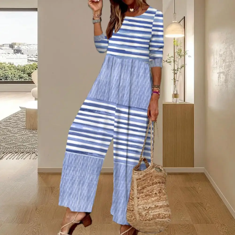 

Lady Jumpsuit Striped Color Matching Wide Leg Jumpsuit A Stylish Comfortable Women's Fall/spring Attire With Loose Fit Soft