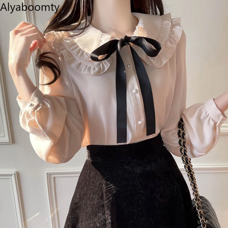 

2022 Spring Autumn Women Sweet Blouse Peter Pan Collar Solid Ribbon Loose Blusas Long Sleeve Cute Kawaii Mori Girl Chic Shirt